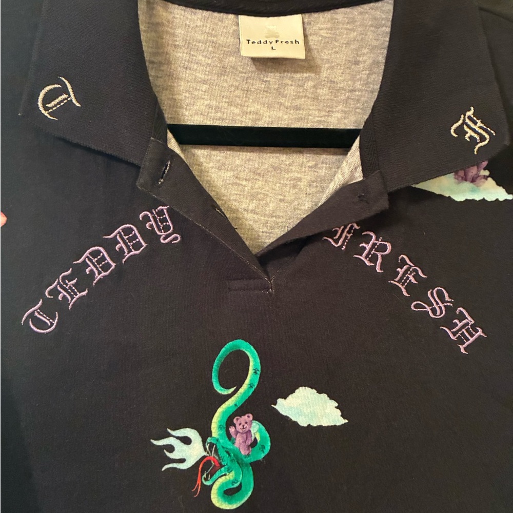 RARE Teddy Fresh x Dr. Albert Frankenstein Flames & Dragon Long Sleeve Polo L - Picture 2 of 12